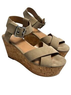 Marc Fisher MLCACIE Tan Suede Cork Platform Wedges Sandals 8M